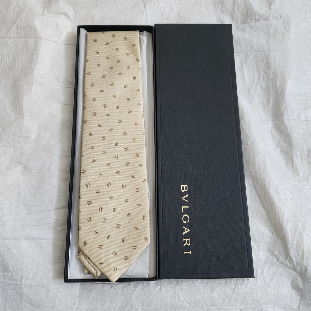 New BVLGARI Italy Silk Tie Davide Pizzigoni Designer Gold Beige Polka Dot NIB